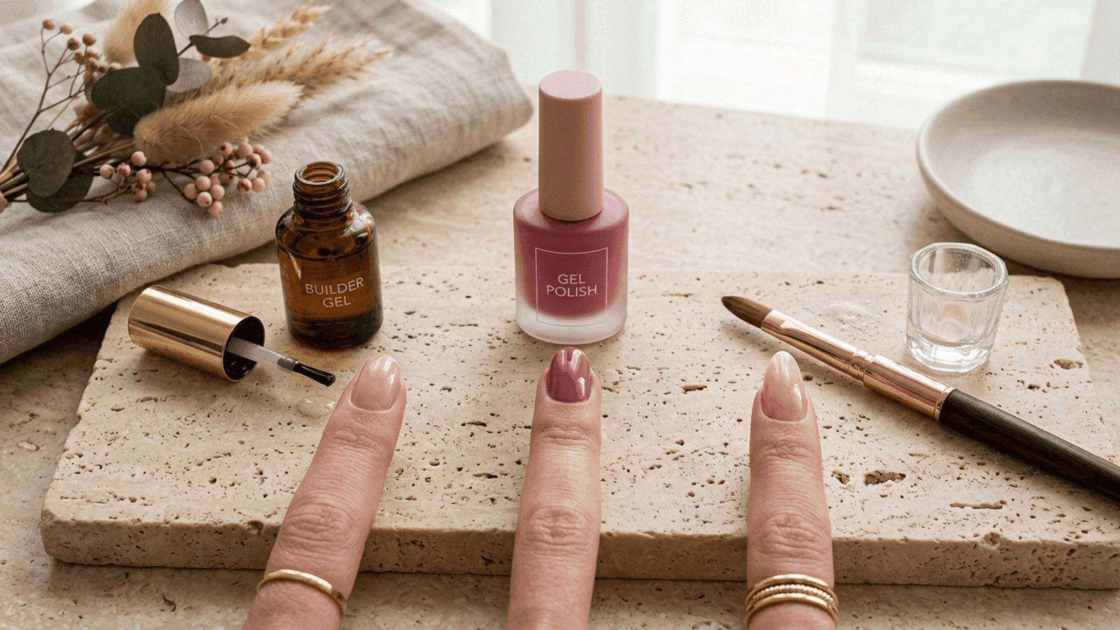 Three nail treatment samples representing BIAB, gel, and acrylic finishes
