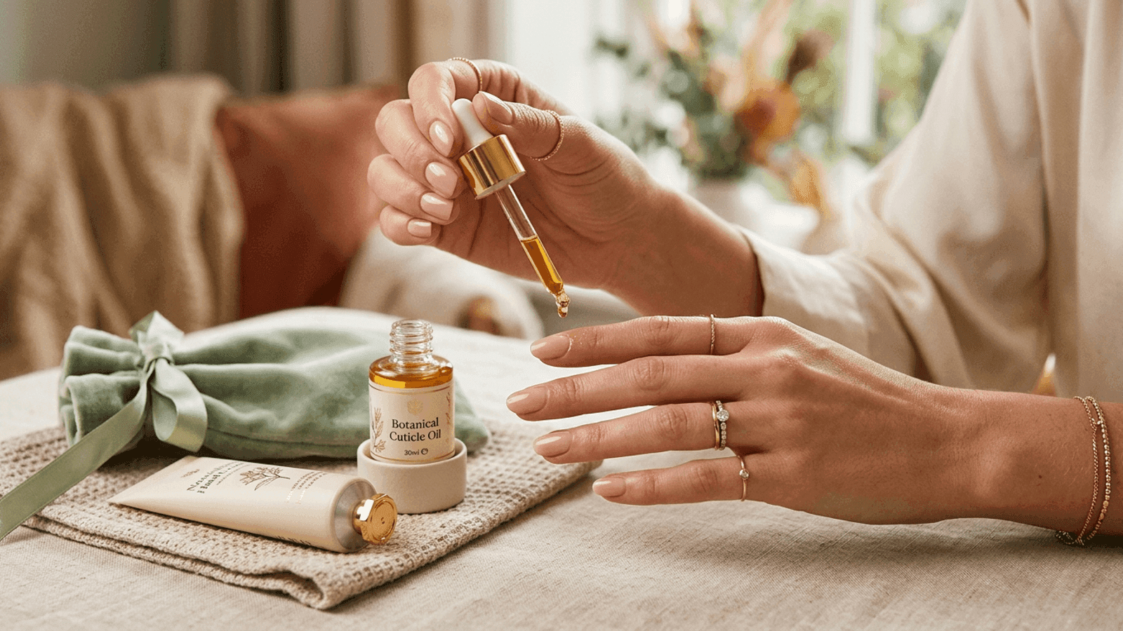 A client applying cuticle oil beside an aftercare kit for gel and extension nails