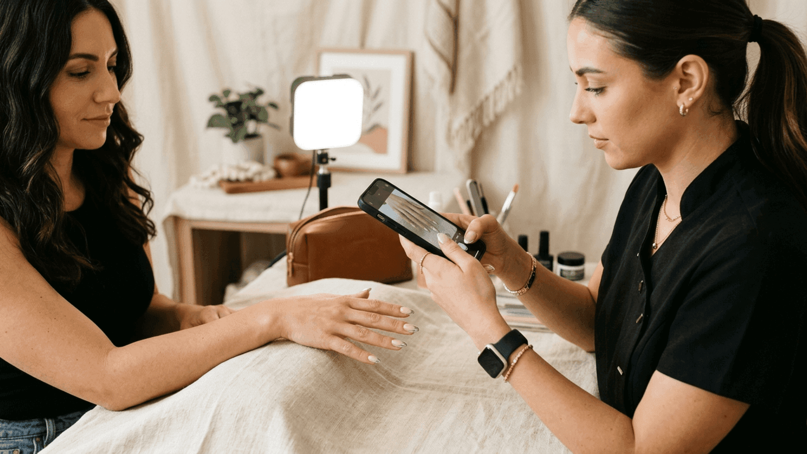 A mobile nail technician photographing a finished manicure in soft natural light