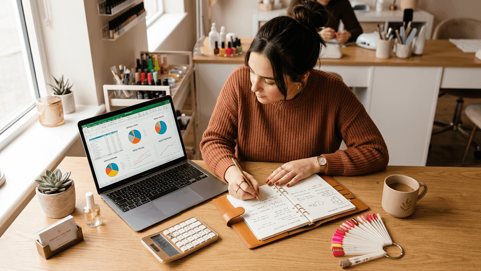 A nail technician calculating mobile service time, product cost, and travel expenses