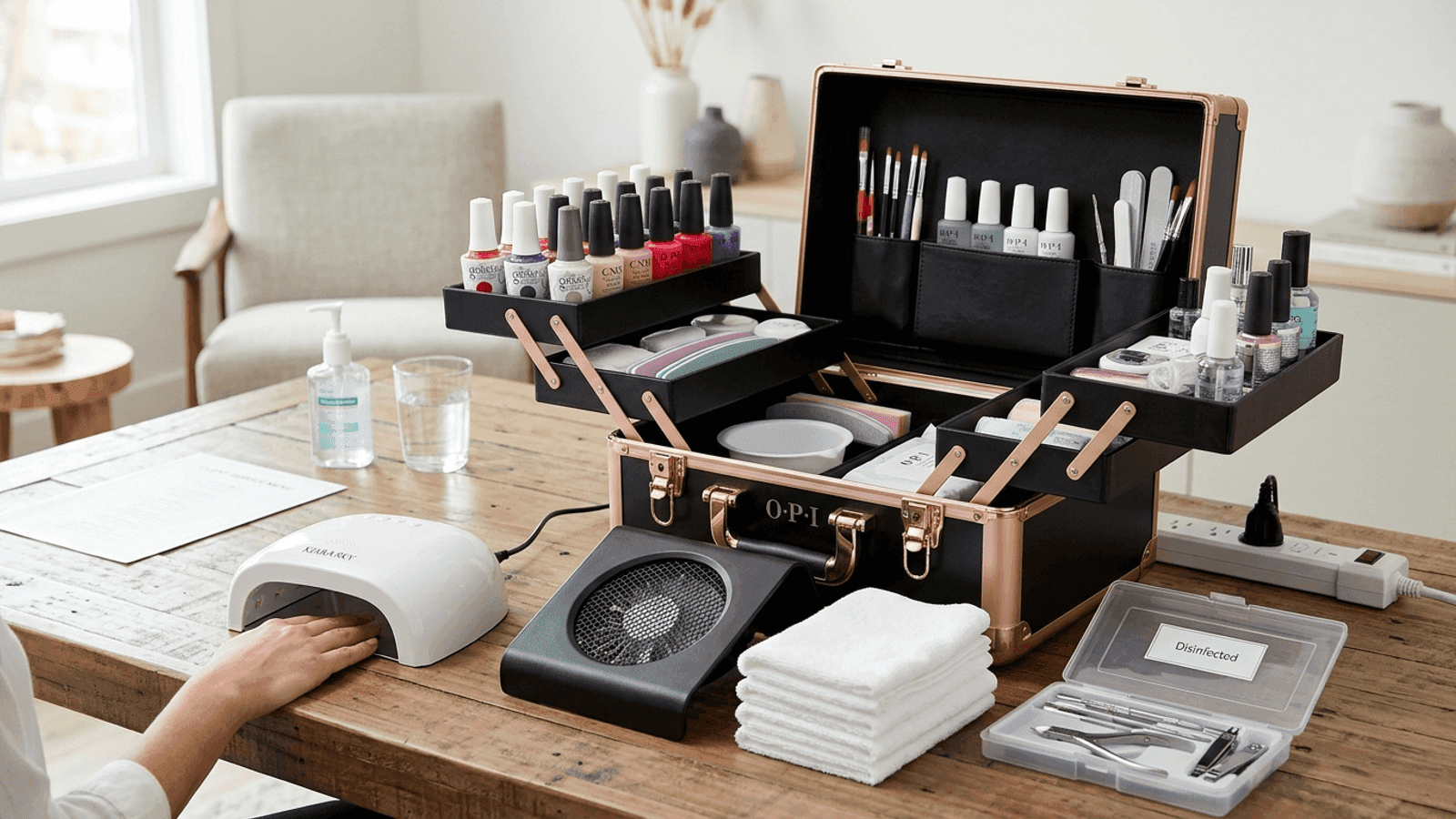 A mobile nail technician organizing a portable workstation and sanitized manicure kit