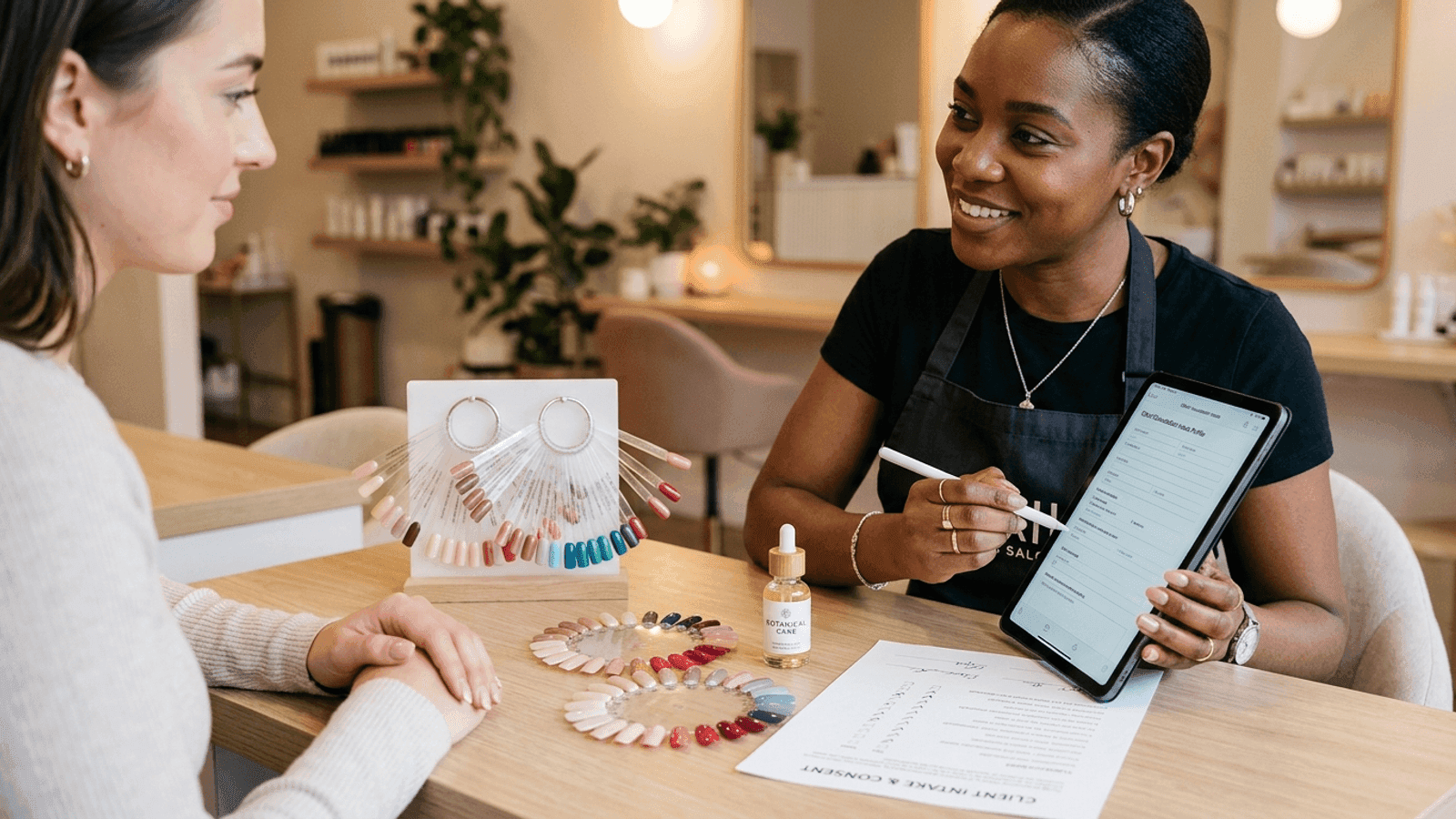 A nail technician completing a client consultation record beside polish samples
