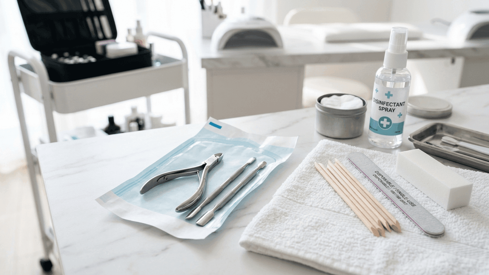 Organized disinfected manicure tools and single-use items at a mobile nail station