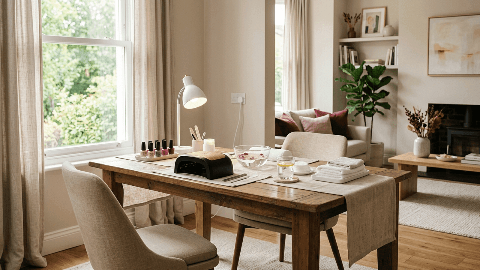 A bright home manicure workspace prepared for a mobile nail appointment